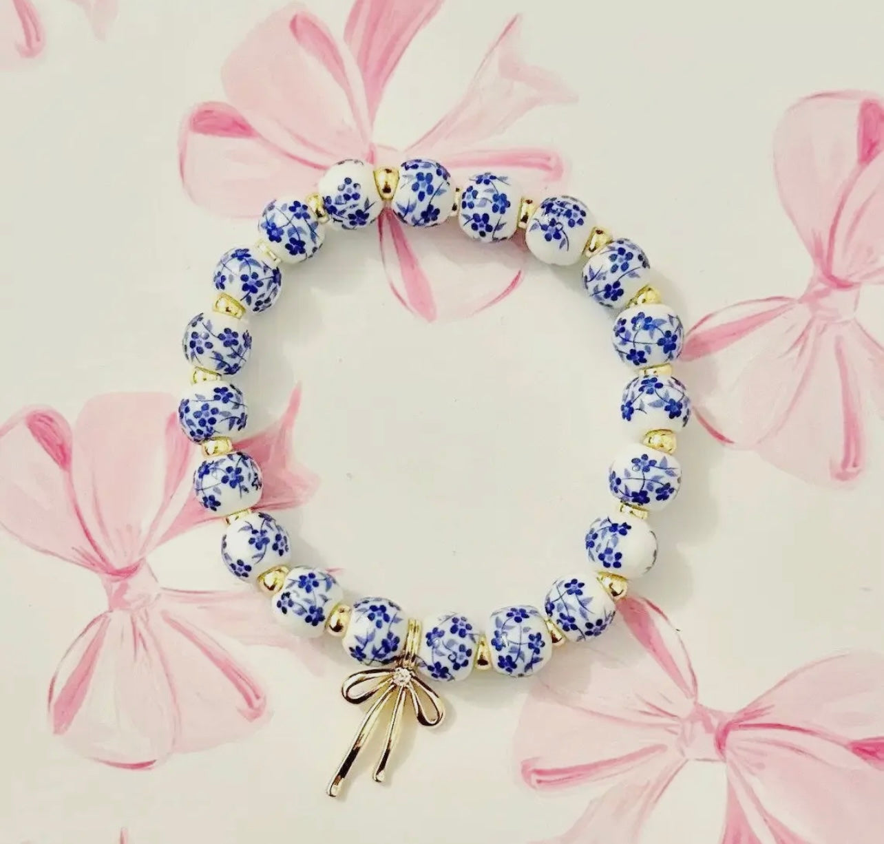 Bow charm floral porcelain blue bracelet