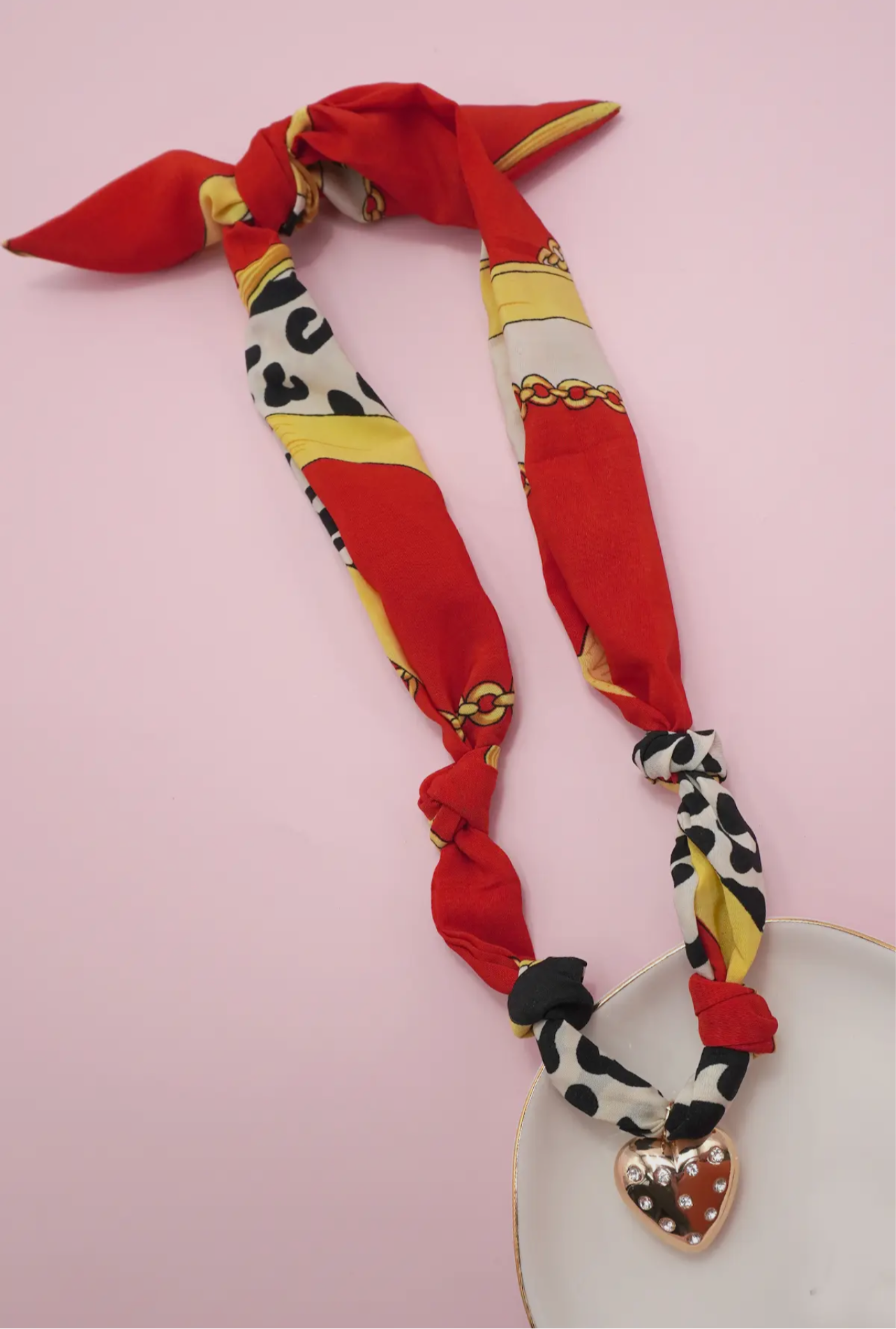 Handmade scarf necklace with gold heart rhinestone pendant