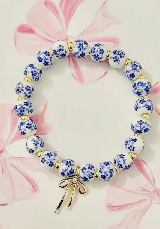 Bow charm floral porcelain blue bracelet