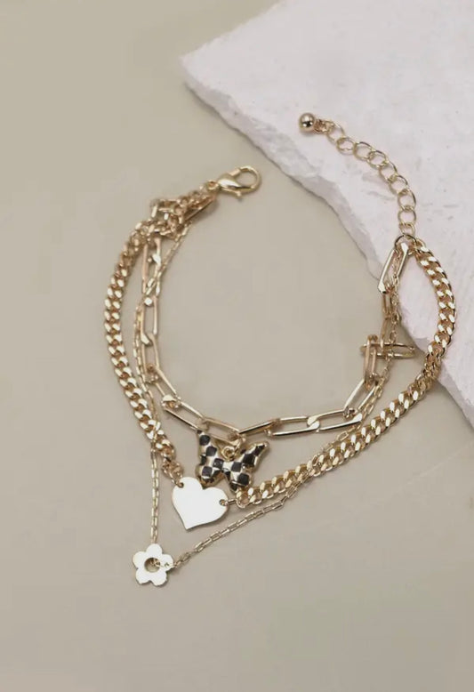 Triple layer flower, heart, butterfly gold bracelet