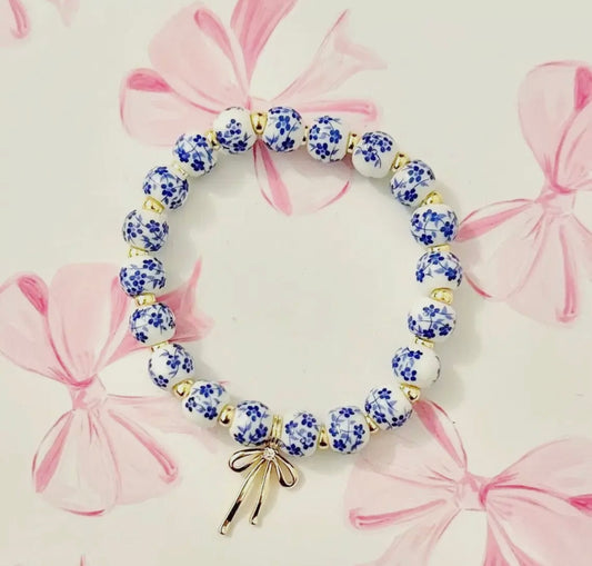 Bow charm floral porcelain blue bracelet
