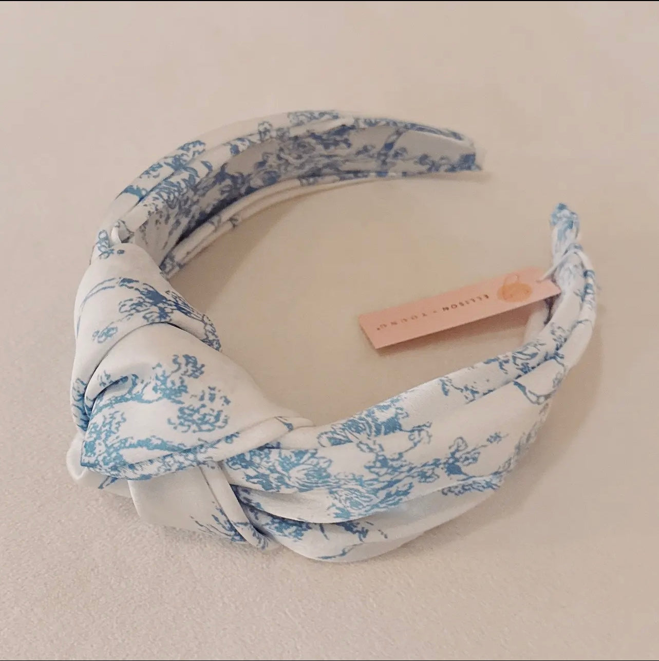 Blue and white toile knotted headband