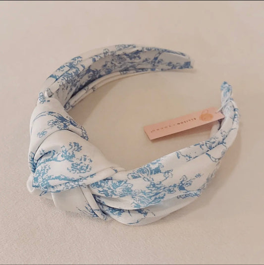 Blue and white toile knotted headband