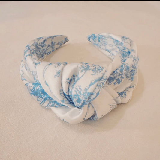 Blue and white toile knotted headband