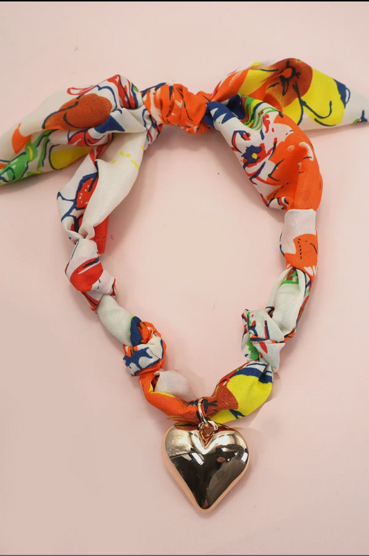 Handmade scarf necklace with gold heart pendant