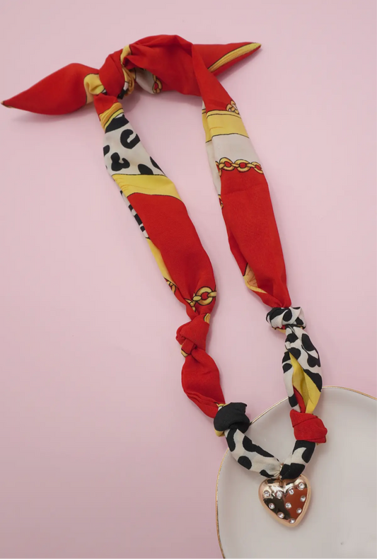 Handmade scarf necklace with gold heart rhinestone pendant
