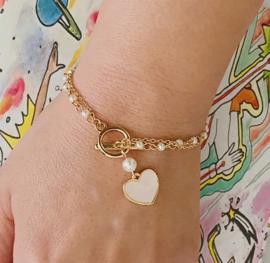 Layered Pearl Chain Heart Bracelet