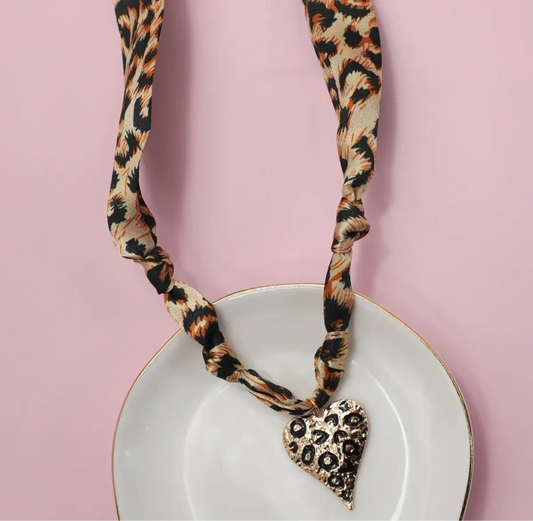 Handmade leopard scarf necklace with heart leopard pendant