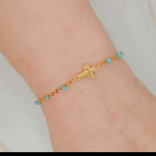Dainty color dots chain cross bracelet