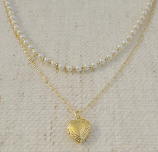 Pearls and heart locket layered necklace