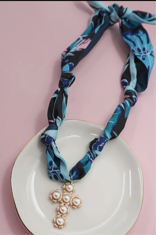Handmade scarf necklace with cross gold and pearl pendant