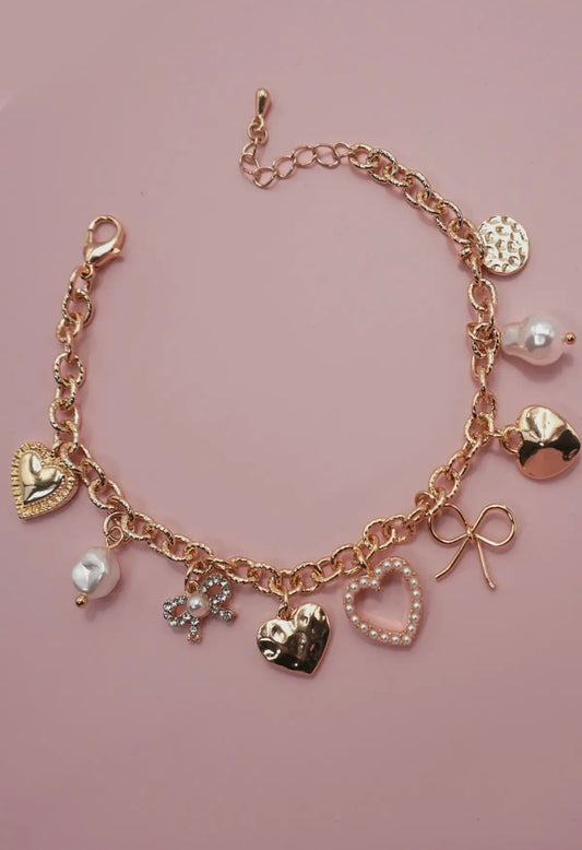 Charm bracelet-bow heart pearl disc gold bracelet