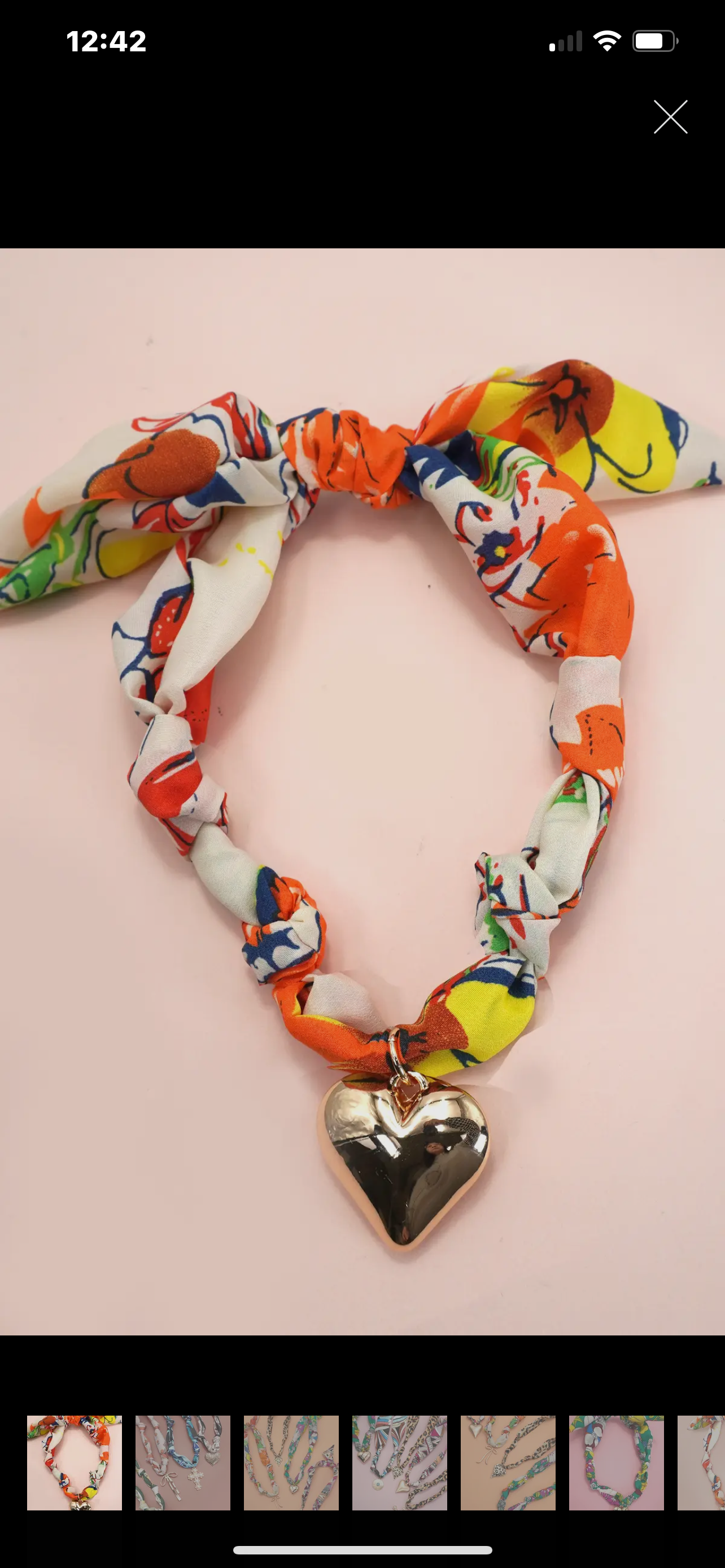 Handmade scarf necklace with gold heart pendant