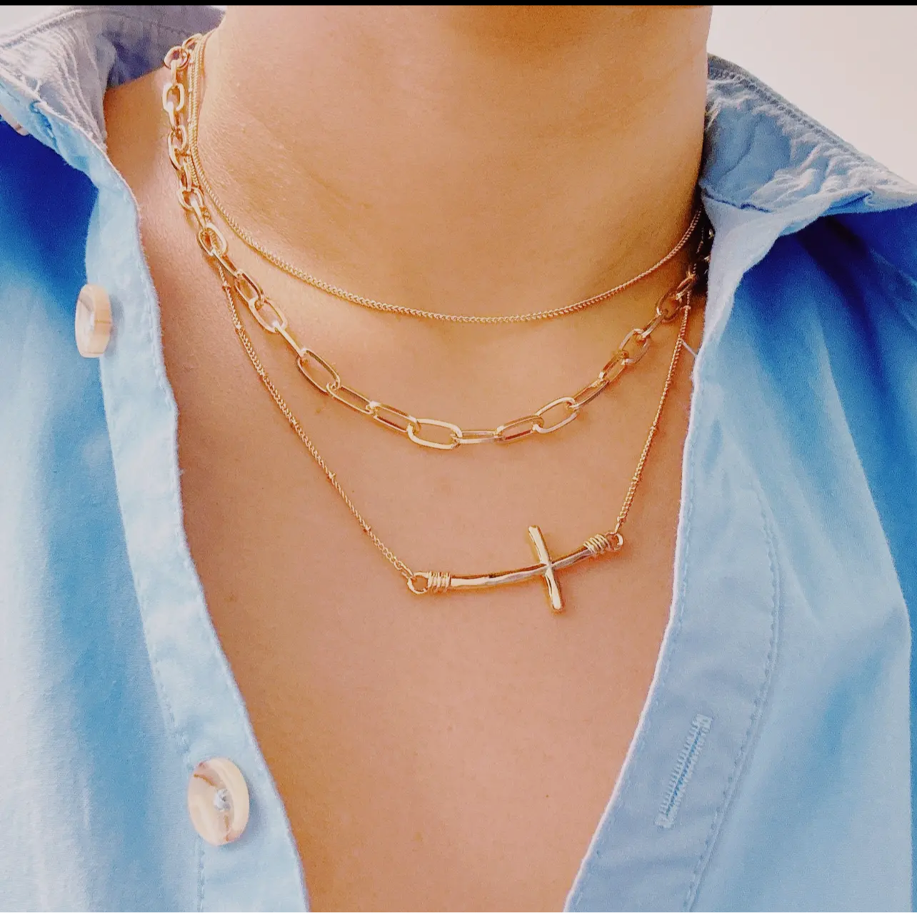 Side Hanging Cross Layered Chain Necklace