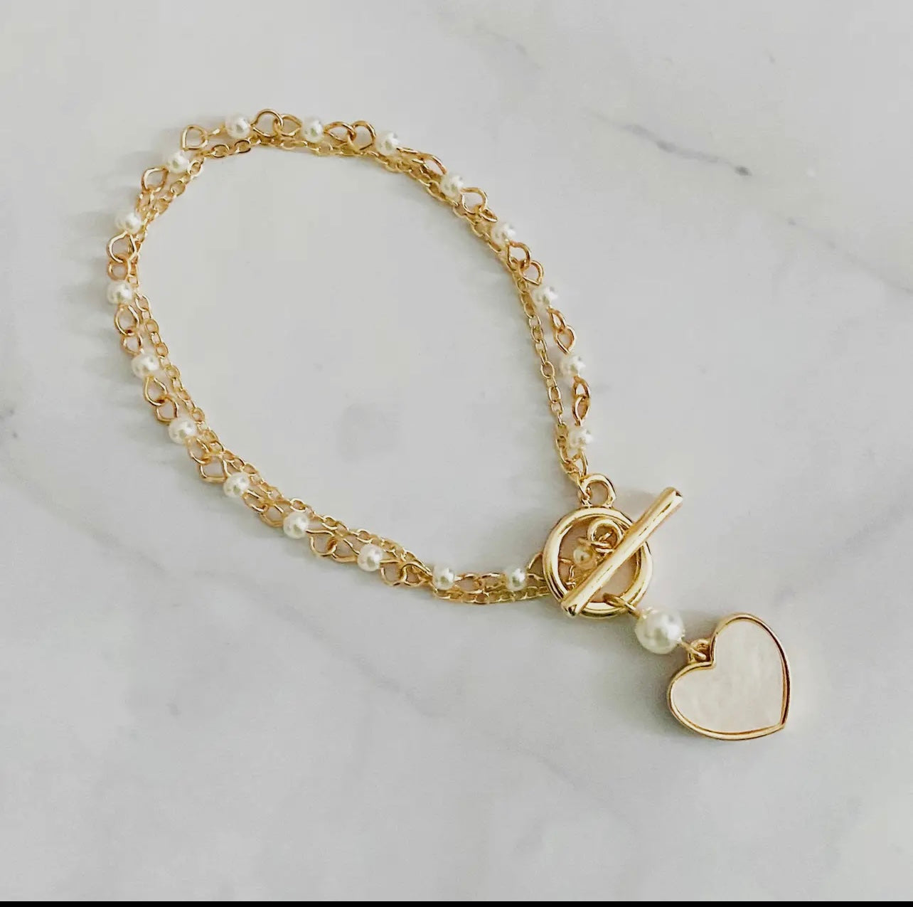 Layered Pearl Chain Heart Bracelet